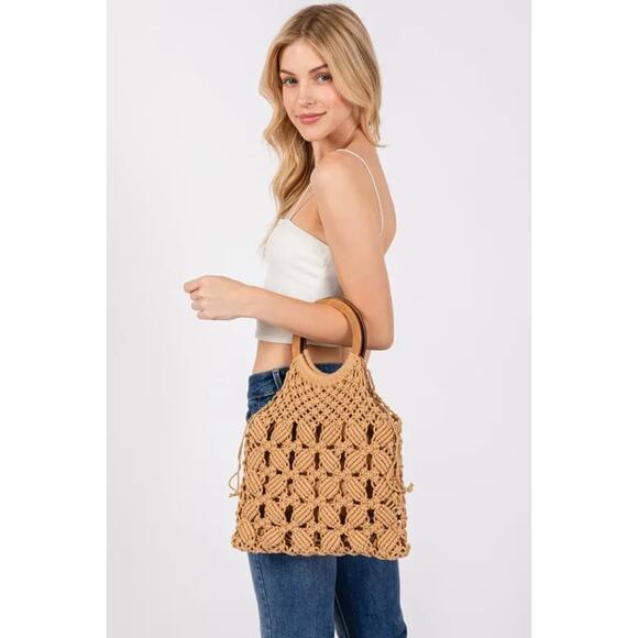 Fame Boho Braided Wooden Top Handle Bag - Picture 2 of 9